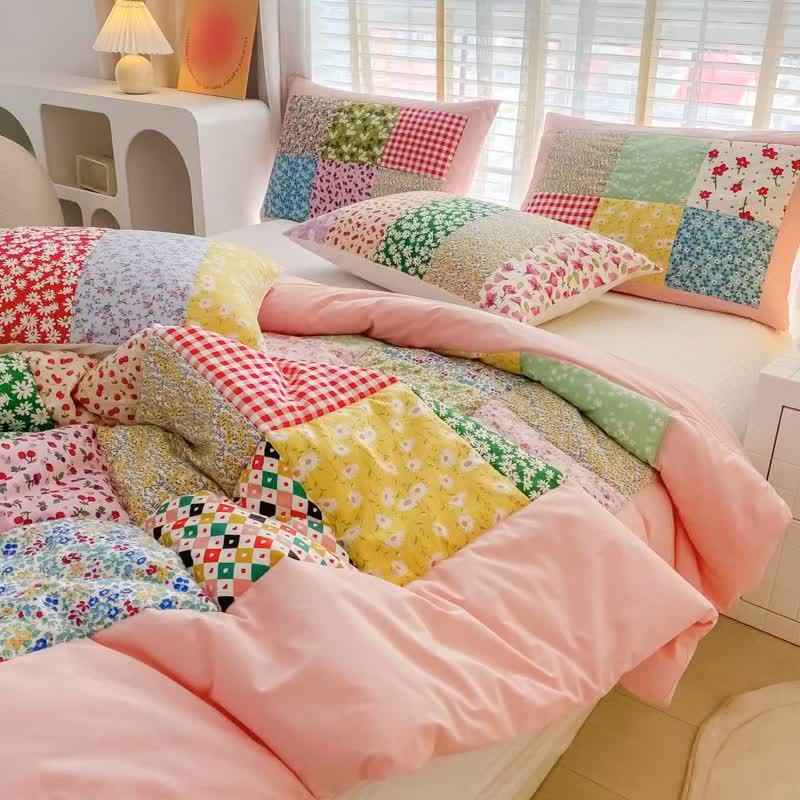 Ownkoti Colorful Patchwork Cotton Floral Bedding Set - Pink - 4pcs Bedding Set - Queen - image 7