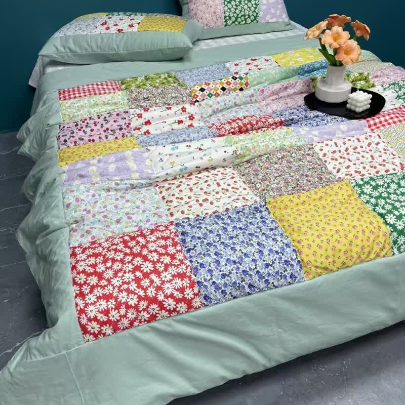 Ownkoti Colorful Patchwork Cotton Floral Bedding Set - Bean Green - 4pcs Bedding Set - Queen - image 8