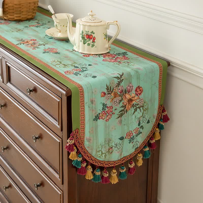 Ownkoti Vintage Green Floral Tassel Table Runner - image 1