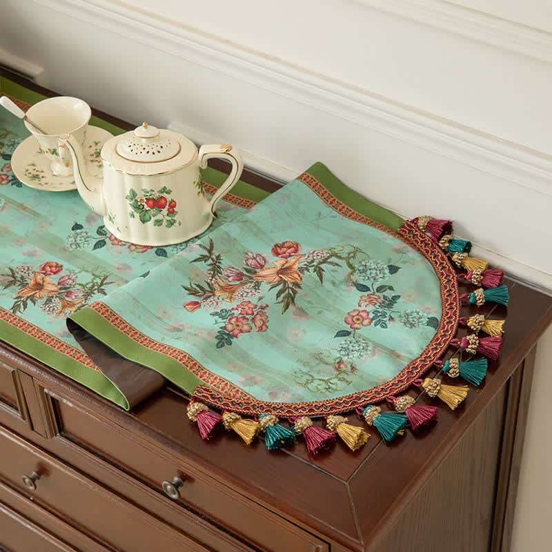 Ownkoti Vintage Green Floral Tassel Table Runner - image 2