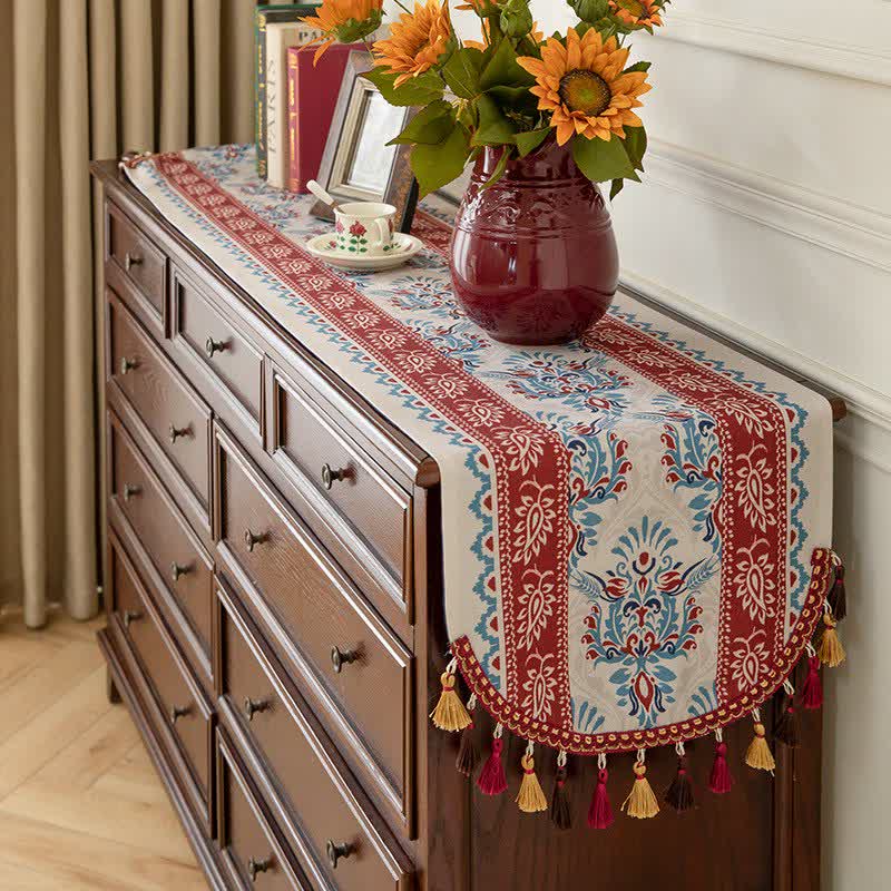 Ownkoti Traditional Damask Table Runner with Tassels - image 1