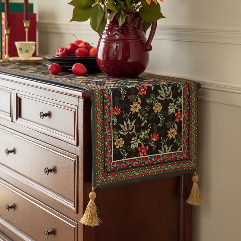 Ownkoti Vintage Floral & Leaf Tassel Table Runner - image 2