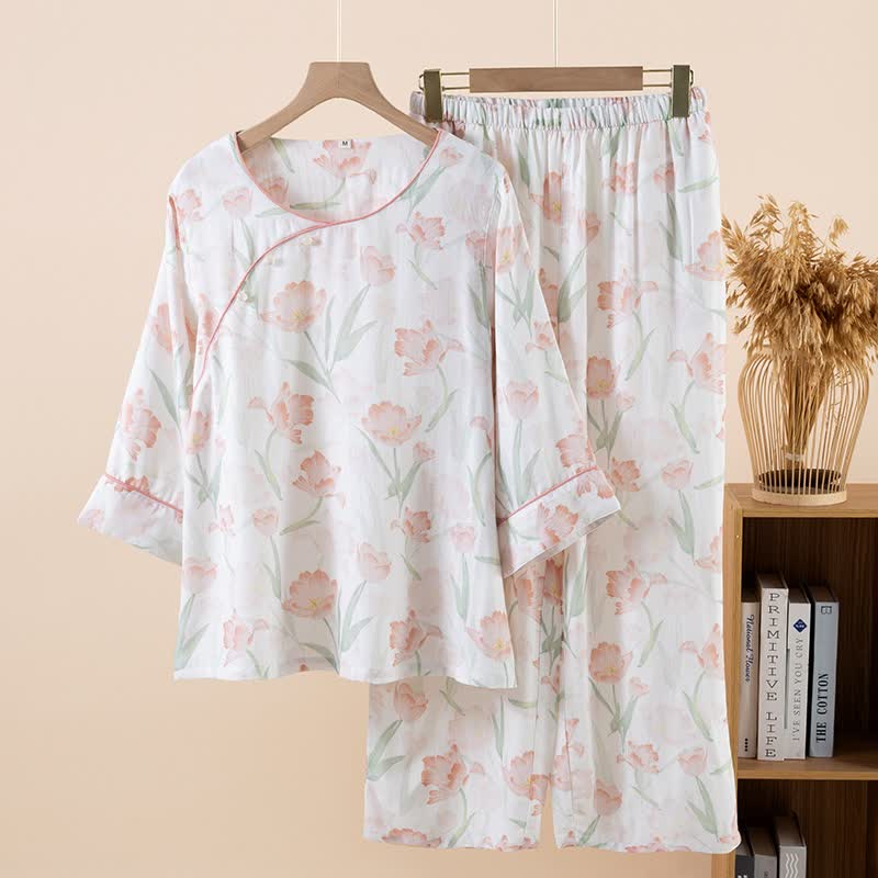 Ownkoti Tulip Print Bamboo Fiber Women's Pajamas - Pink - XL - image 0