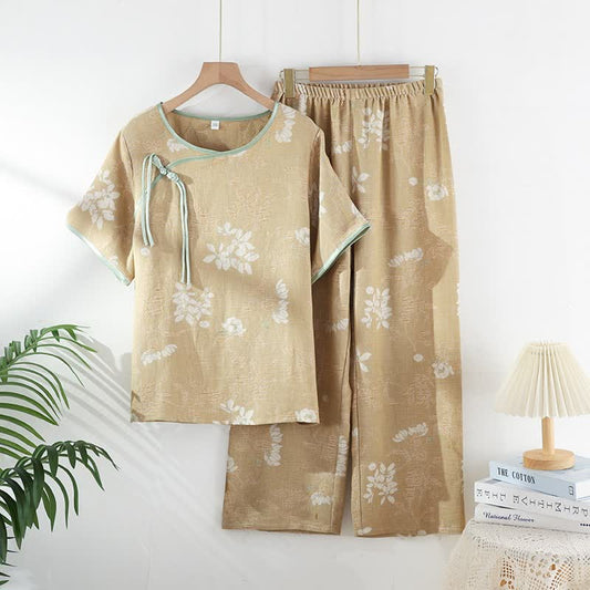 Ownkoti Floral Cotton Chinese Knot Loungewear Set - Dark Yellow - XL - image 0