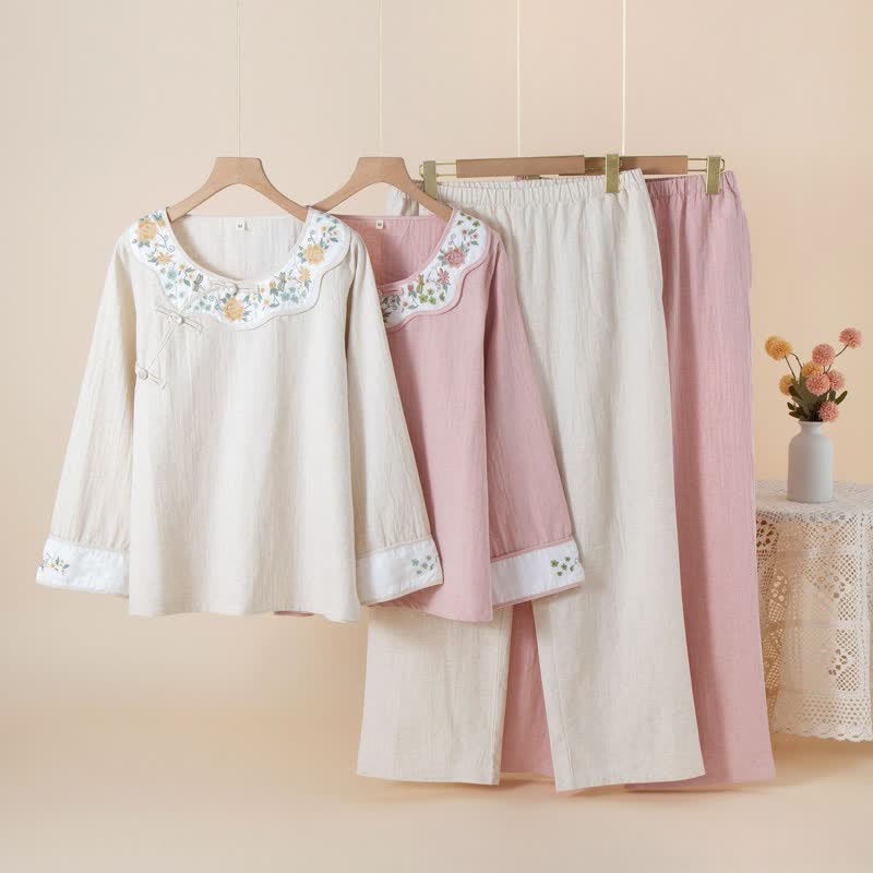 Ownkoti Floral Embroidered Cotton Linen Women's Pajamas - image 0