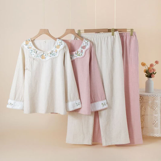 Ownkoti Floral Embroidered Cotton Linen Women's Pajamas - image 0