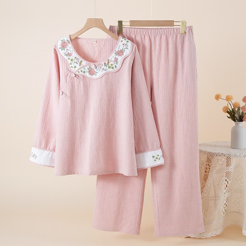 Ownkoti Floral Embroidered Cotton Linen Women's Pajamas - Pink - XL - image 15