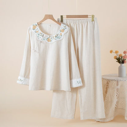 Ownkoti Floral Embroidered Cotton Linen Women's Pajamas - Beige - XL - image 3