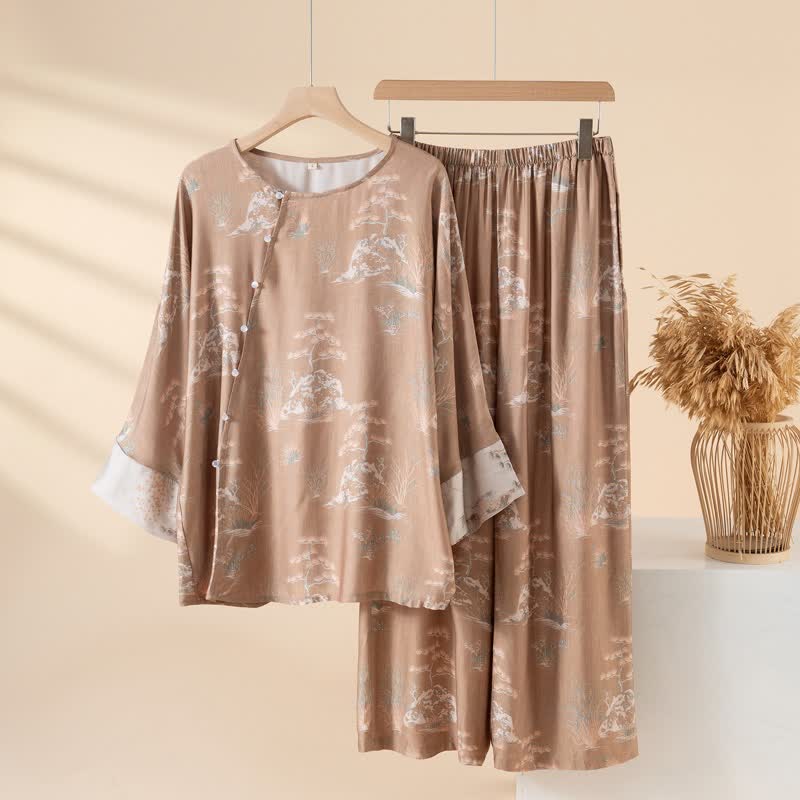 Ownkoti Oriental Print Fiber Women's Loungewear Set - Brown - 2XL - image 2