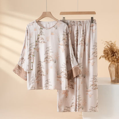Ownkoti Oriental Print Fiber Women's Loungewear Set - Beige - 2XL - image 9