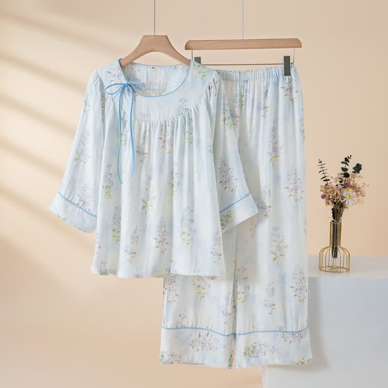 Ownkoti Floral Bamboo Cotton Tie Neck Pajamas - Blue - XXL - image 13