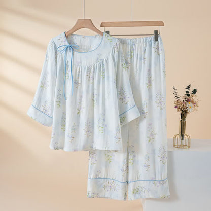 Ownkoti Floral Bamboo Cotton Tie Neck Pajamas - Blue - XXL - image 13