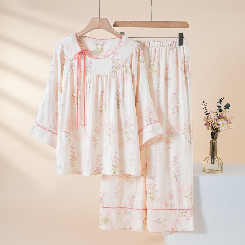 Ownkoti Floral Bamboo Cotton Tie Neck Pajamas - Pink - XXL - image 2
