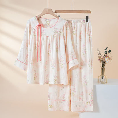 Ownkoti Floral Bamboo Cotton Tie Neck Pajamas - Pink - XXL - image 2