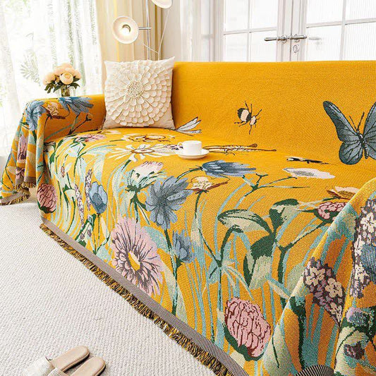 Ownkoti Vintage Floral Tassel Sofa Protector - Yellow - 71" × 165" - image 0