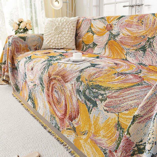 Ownkoti Abstract Floral Tassel Trim Sofa Protector - Yellow - 71" × 165" - image 0