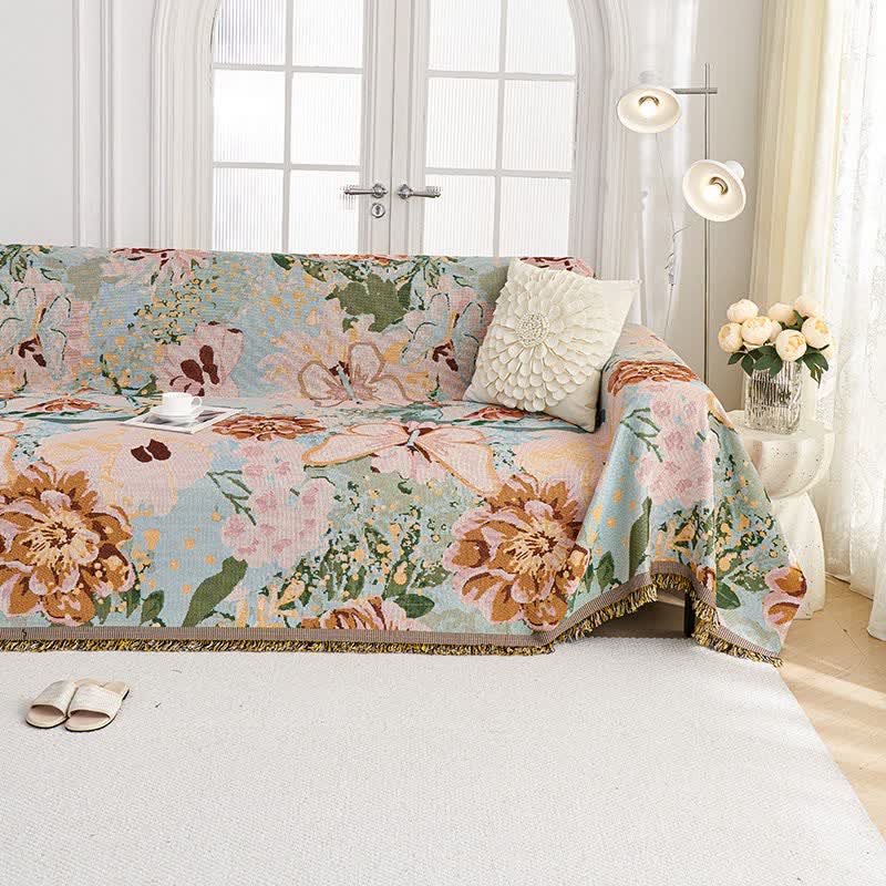 Ownkoti Oil Painting Floral Tassel Sofa Protector - image 1