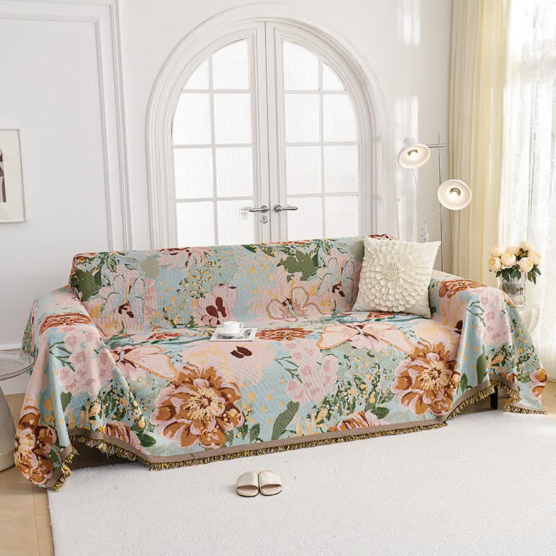 Ownkoti Oil Painting Floral Tassel Sofa Protector - image 2