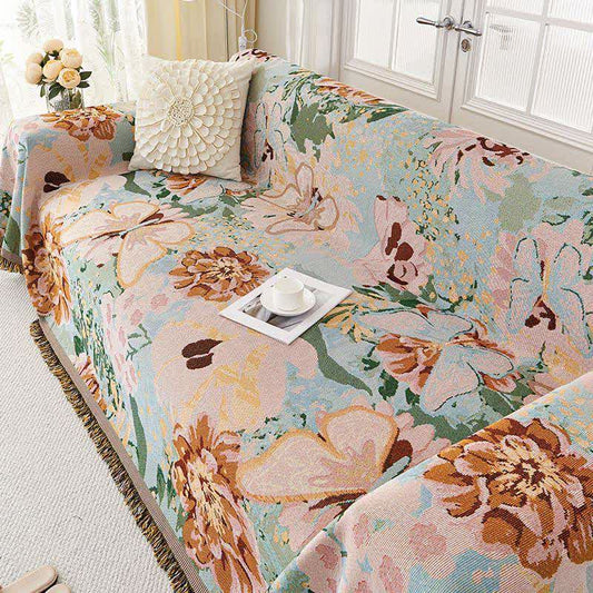 Ownkoti Oil Painting Floral Tassel Sofa Protector - Pink - 71" × 165" - image 0