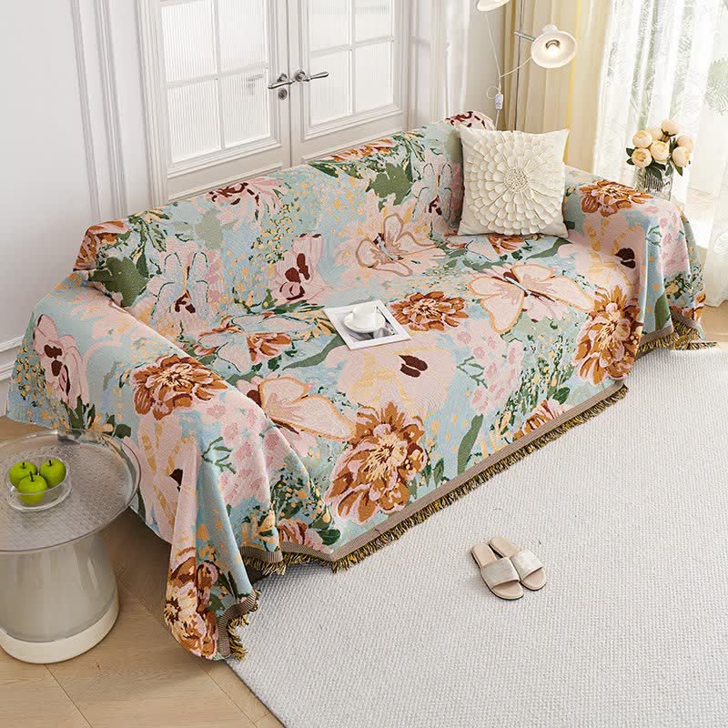 Ownkoti Oil Painting Floral Tassel Sofa Protector - image 3