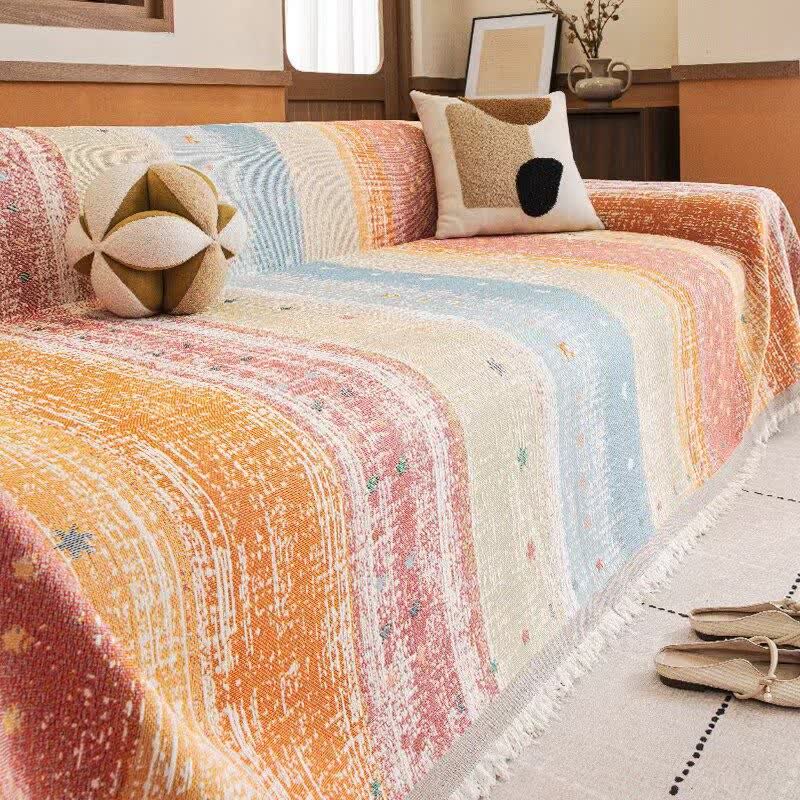 Ownkoti Sunset Stripe Tassel Sofa Protector - Orange - 71" × 189" - image 5