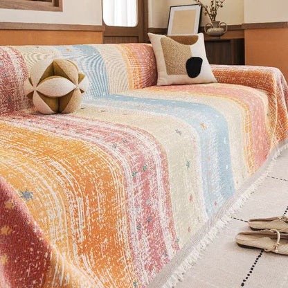 Ownkoti Sunset Stripe Tassel Sofa Protector - Orange - 71" × 189" - image 5