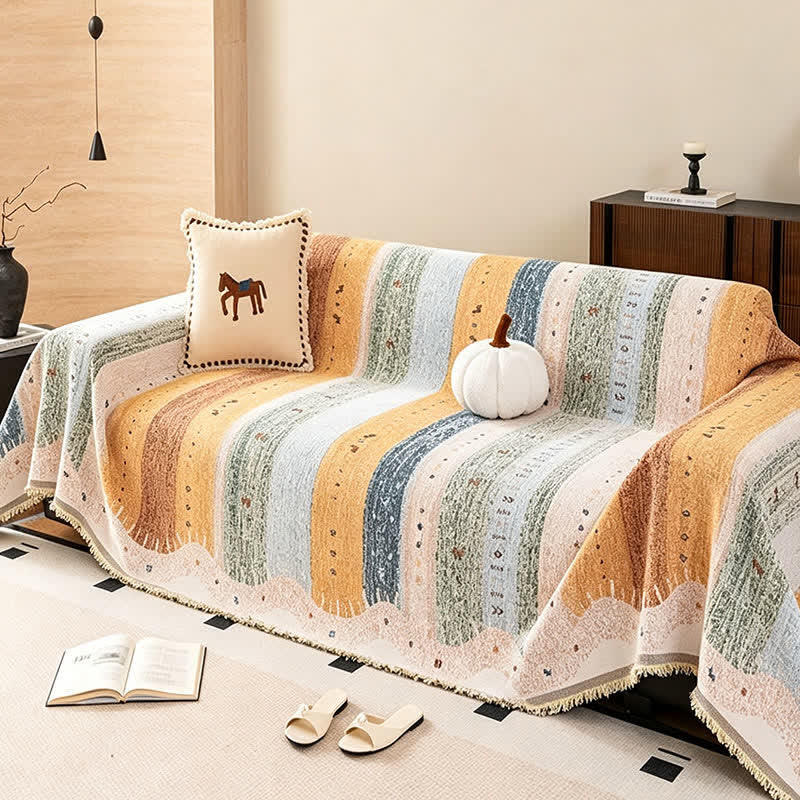 Ownkoti Pastel Stripr & Wave Tassel Sofa Protector - image 1