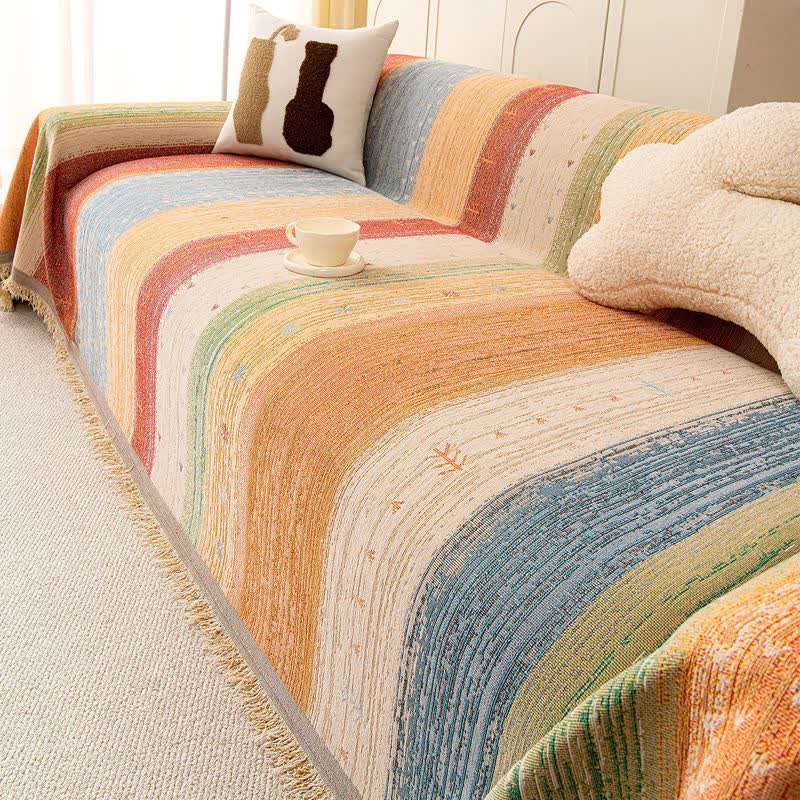 Ownkoti Colorful Stripe Tassel Sofa Protector - Orange - 71" × 189" - image 0