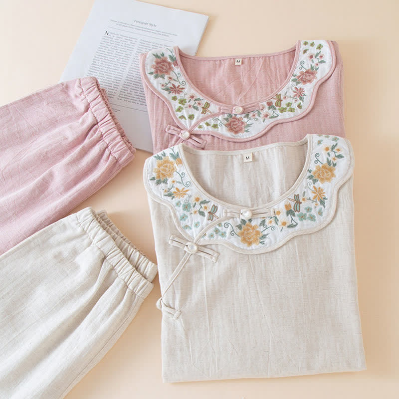 Ownkoti Floral Embroidered Cotton Linen Women's Pajamas - image 2