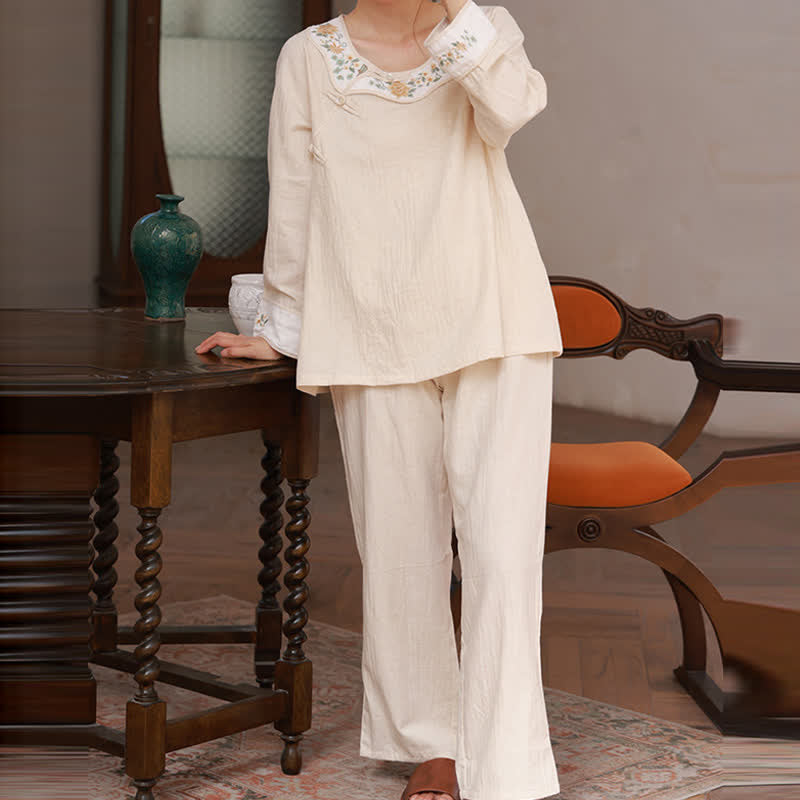 Ownkoti Floral Embroidered Cotton Linen Women's Pajamas - image 5