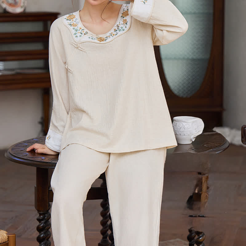 Ownkoti Floral Embroidered Cotton Linen Women's Pajamas - image 6