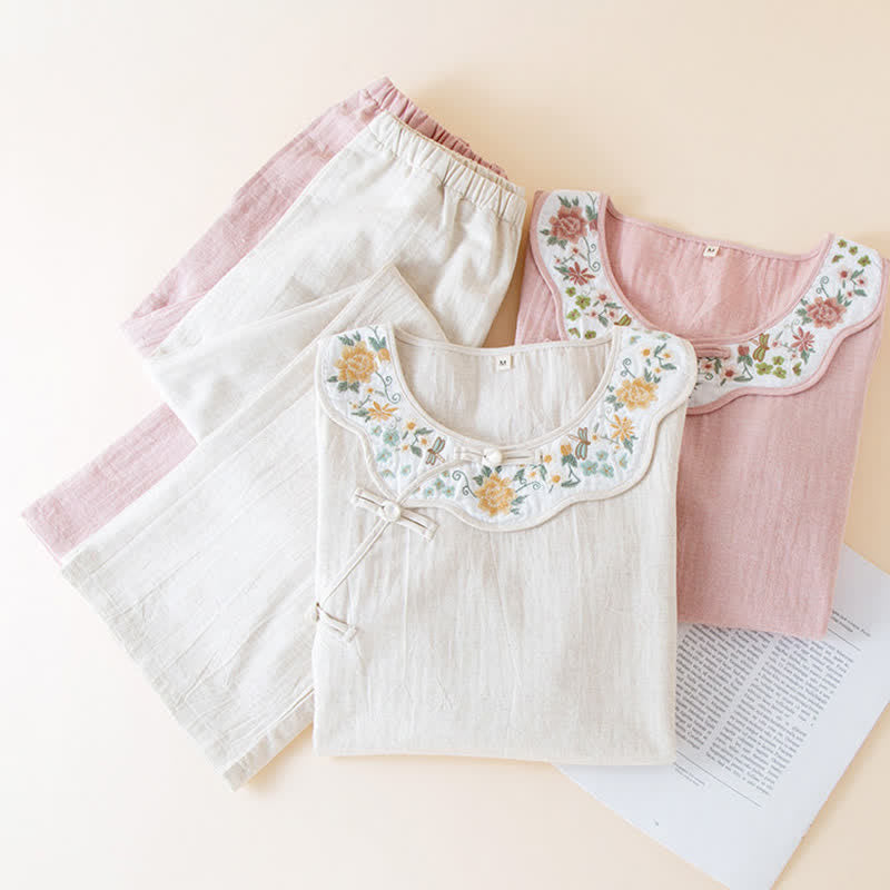 Ownkoti Floral Embroidered Cotton Linen Women's Pajamas - image 1