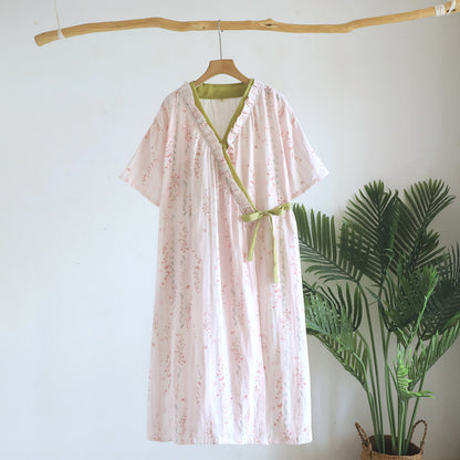Ownkoti Floral Cotton Gauze Kimono Nightdress Loungewear - Beige - L - image 0