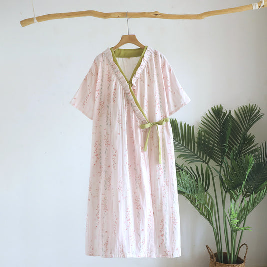 Ownkoti Floral Cotton Gauze Kimono Nightdress Loungewear - Beige - L - image 0