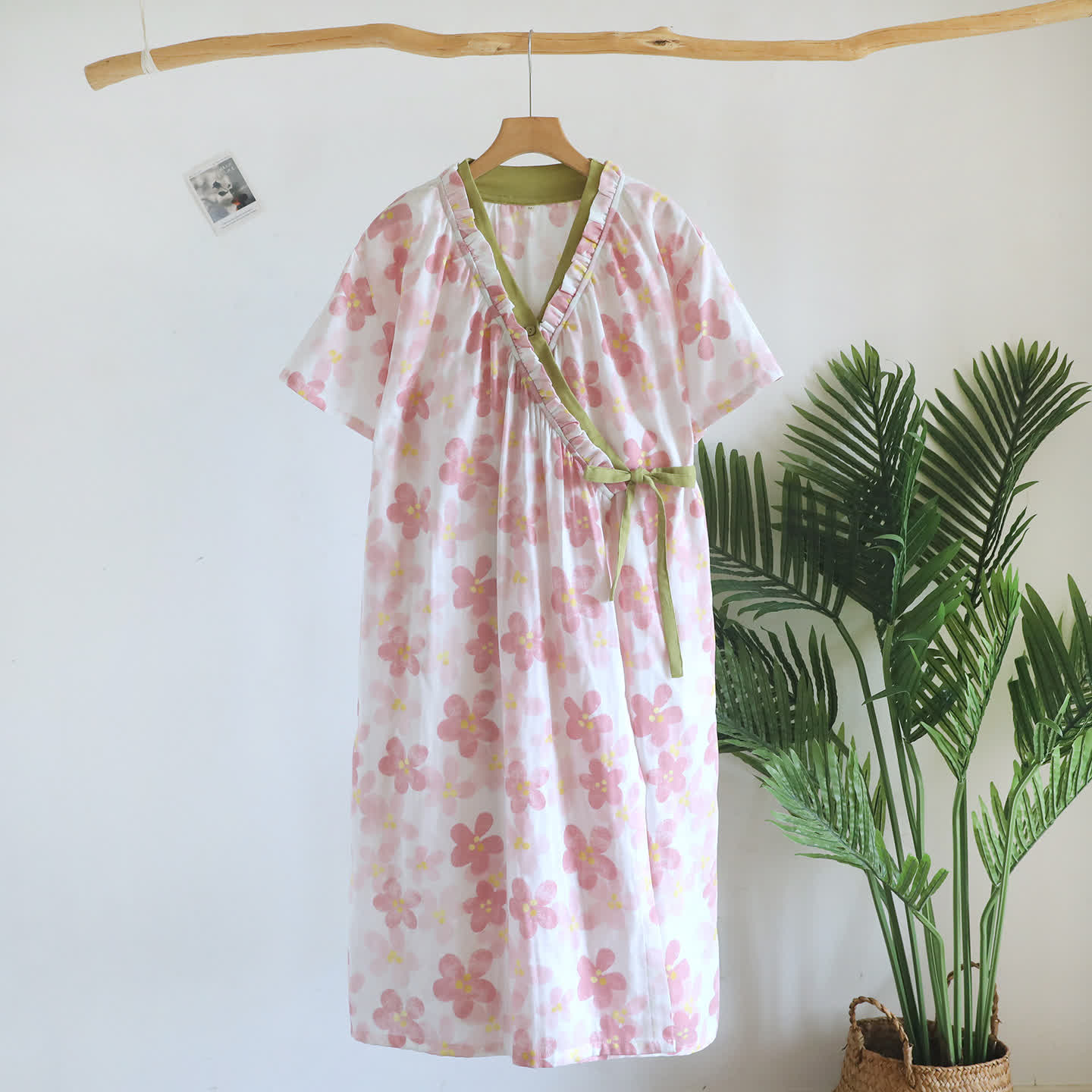 Ownkoti Sakura Floral Cotton Gauze Kimono Nightdress - Beige - Short Sleeve - L - image 3
