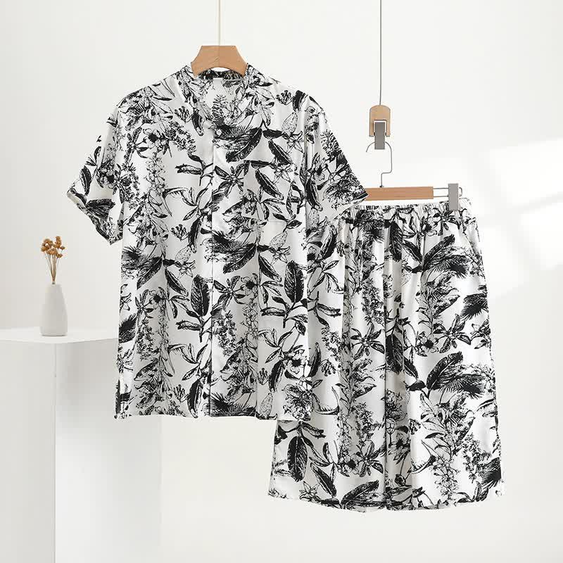 Ownkoti Monochrome Botanical Print Pajama Set - White - 5XL - image 0