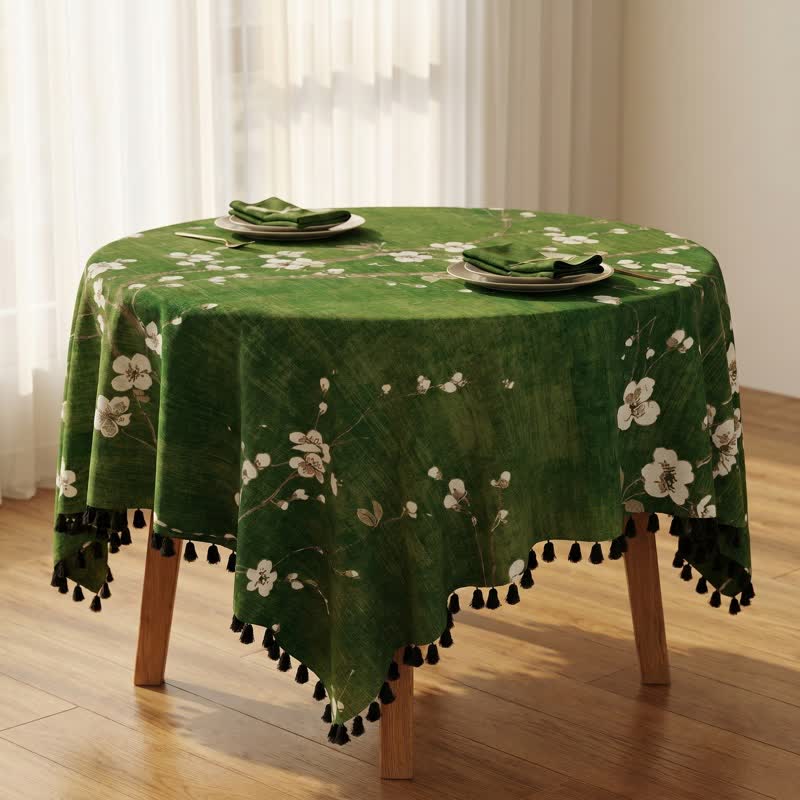 Ownkoti Vintage White Plum Blossom Tassel Tablecloth - image 2