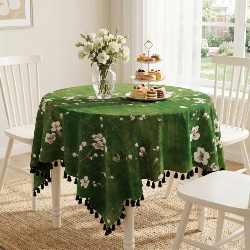 Ownkoti Vintage White Plum Blossom Tassel Tablecloth - image 1