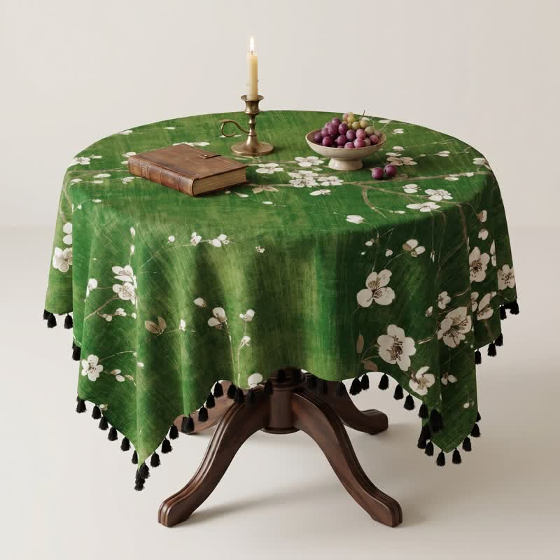 Ownkoti Vintage White Plum Blossom Tassel Tablecloth - image 3