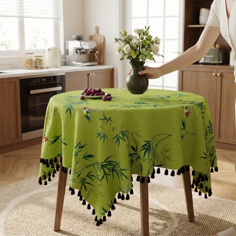Ownkoti Green Bamboo Bird Tassel Tablecloth - image 1