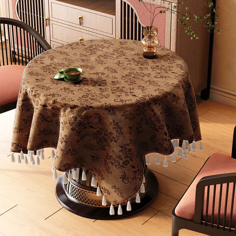 Ownkoti Vintage Branch leaf Tassel Tablecloth - Brown - 67" x 67" - image 5