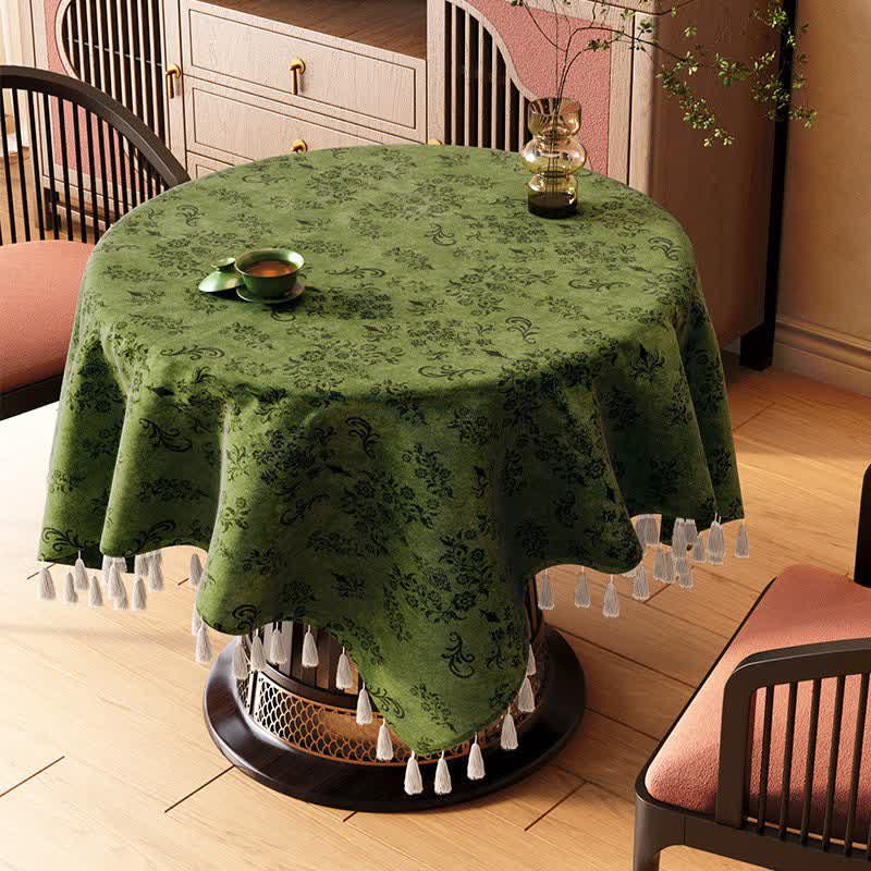 Ownkoti Vintage Branch leaf Tassel Tablecloth - Green - 67" x 67" - image 0