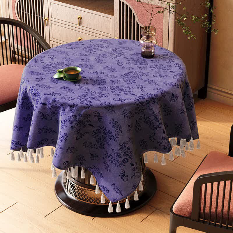 Ownkoti Vintage Branch leaf Tassel Tablecloth - Purple - 67" x 67" - image 2