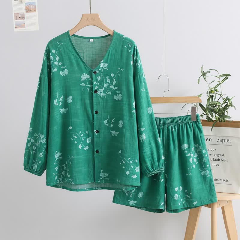 Ownkoti Botanical Floral Button Front Women's Pajamas - Green - One Size - image 4