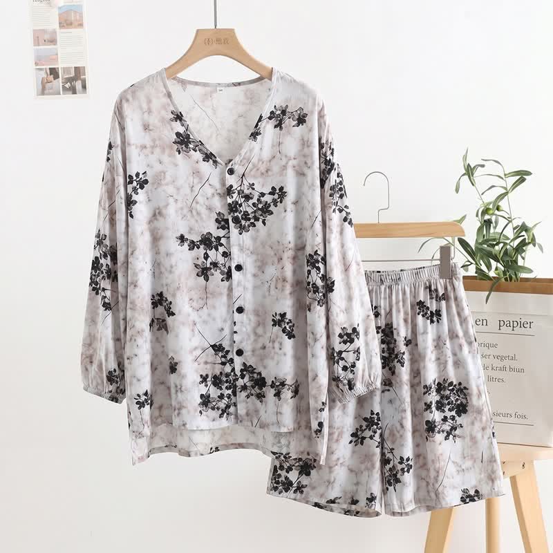 Ownkoti Retro Floral Button Front Women's Pajamas - Gray - One Size - image 0
