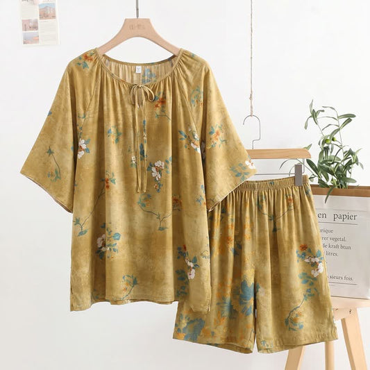 Ownkoti Vintage Botanical Floral Tie-Neck Pajama Set - image 0