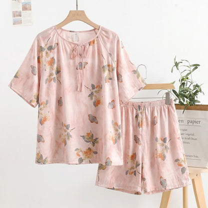 Ownkoti Floral & Butterfly Tie Neck Loungewear Set - Pink - 2XL - image 0