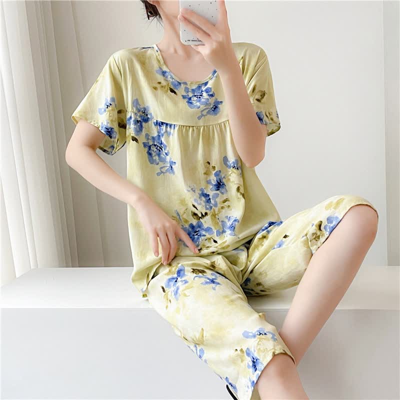 Ownkoti Blue Floral Short Sleeve Women's Pajamas - image 2