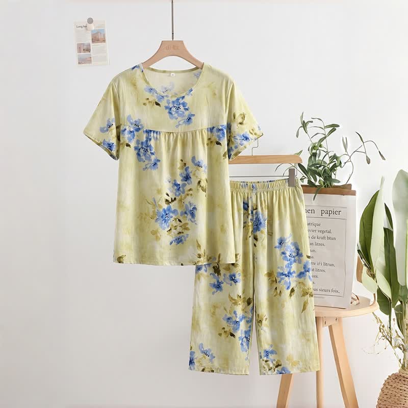 Ownkoti Blue Floral Short Sleeve Women's Pajamas - Yellow - XXL - image 0