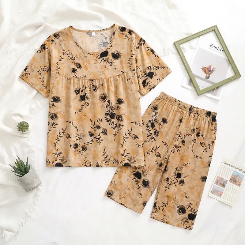 Ownkoti Vintage Floral Short Sleeve Women's Pajamas - Coffee - XXL - image 1